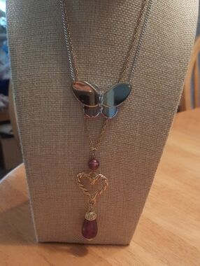 Avon Gold Butterfly Layered Necklace with Purple Drops